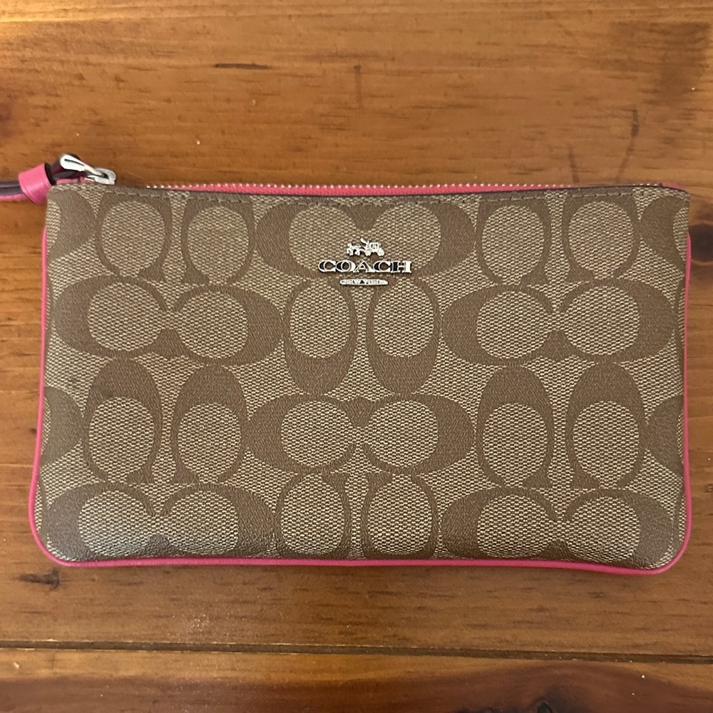 Coach Signature Tan and Pink Wristlet